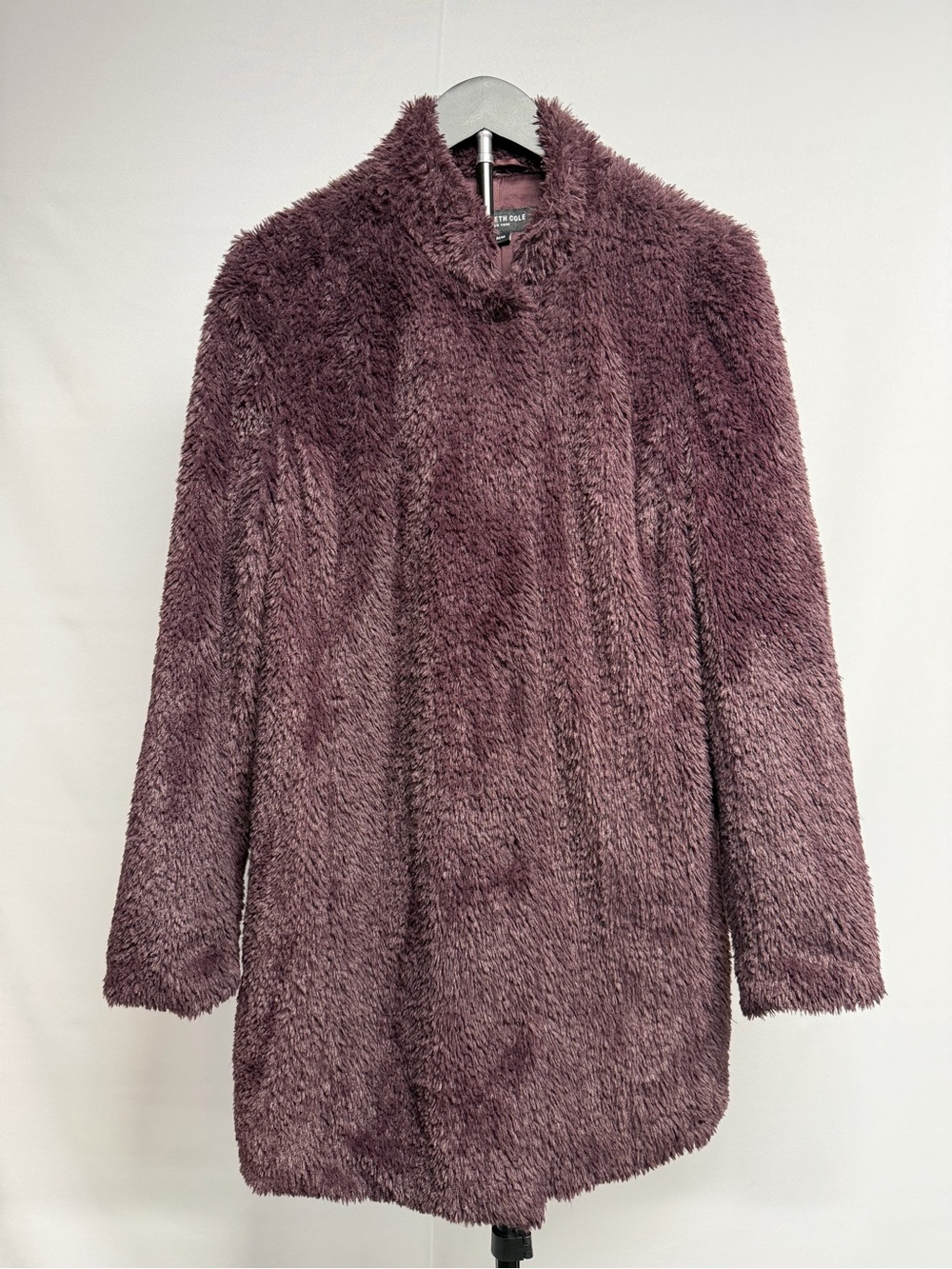 Kenneth Cole Plush Shaggy Teddy Coat in Plum Midi Coat Faux Fur - Size Medium